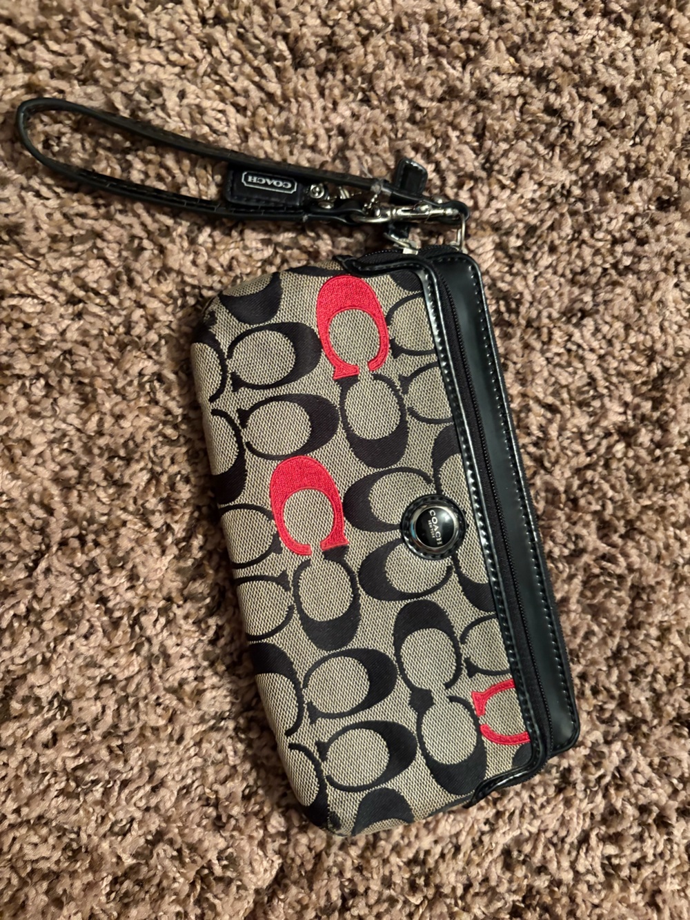 Coach Signature Canvas Wristlet in Khaki, Black & Red Accents
